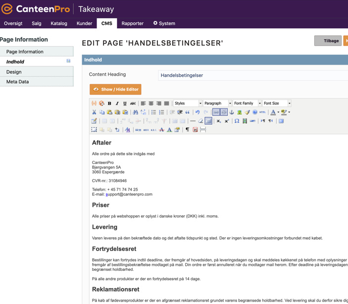CanteenPro Takeaway redigering af sider